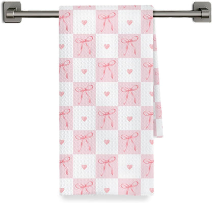 Coquette Pink Bow Checkered Kitchen Towels Decorative, Preppy Girly Ribbon Bow Dish Hand Tea Towels, Aesthetic Pink Kitchen Bathroom Decor, 16x24 Inch