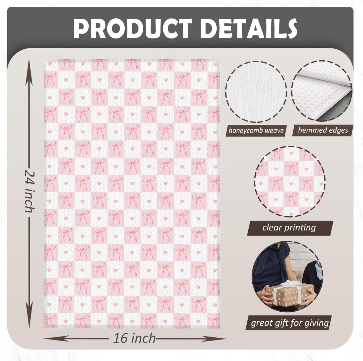 Coquette Pink Bow Checkered Kitchen Towels Decorative, Preppy Girly Ribbon Bow Dish Hand Tea Towels, Aesthetic Pink Kitchen Bathroom Decor, 16x24 Inch