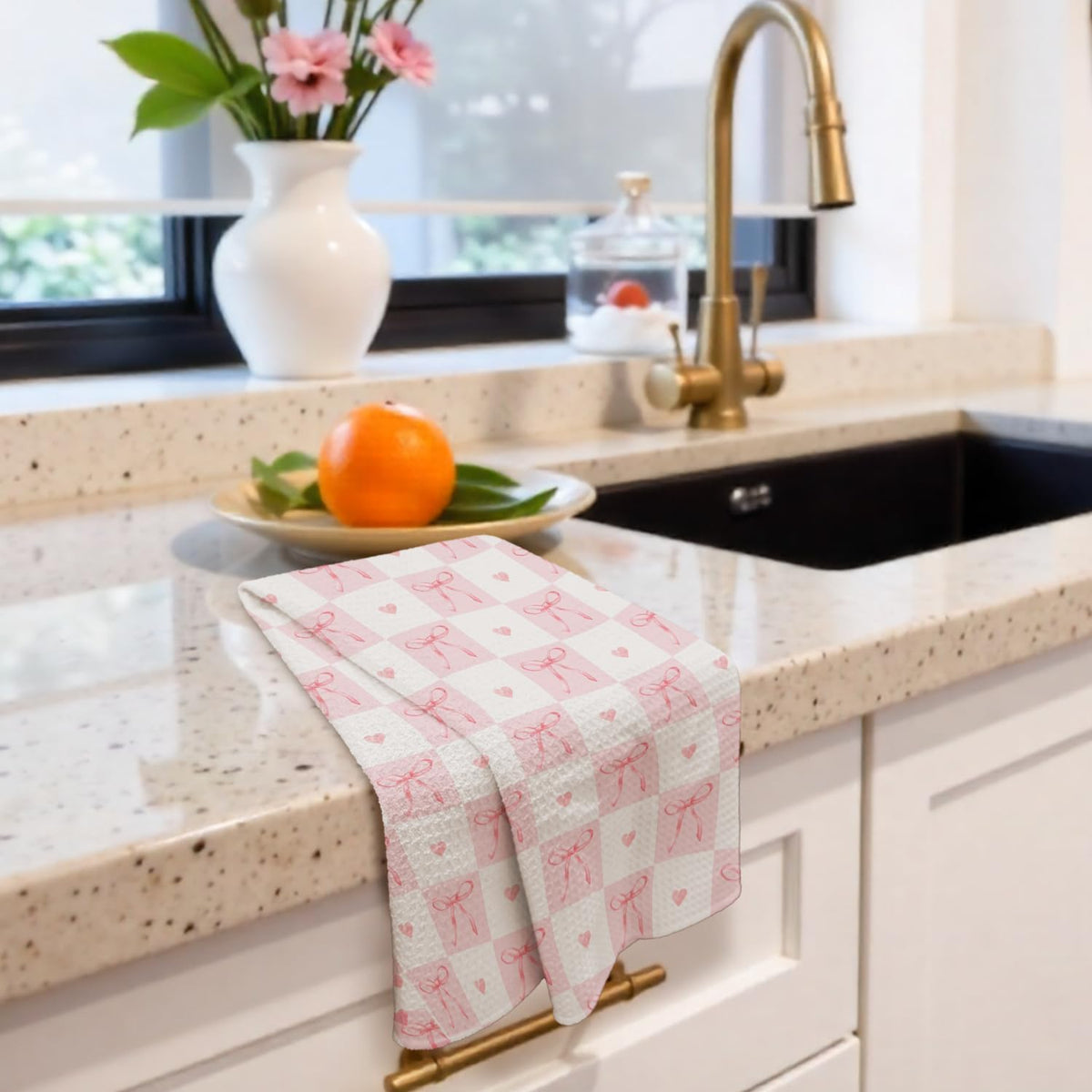 Coquette Pink Bow Checkered Kitchen Towels Decorative, Preppy Girly Ribbon Bow Dish Hand Tea Towels, Aesthetic Pink Kitchen Bathroom Decor, 16x24 Inch