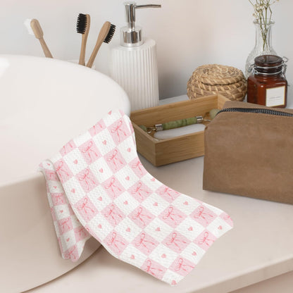 Coquette Pink Bow Checkered Kitchen Towels Decorative, Preppy Girly Ribbon Bow Dish Hand Tea Towels, Aesthetic Pink Kitchen Bathroom Decor, 16x24 Inch