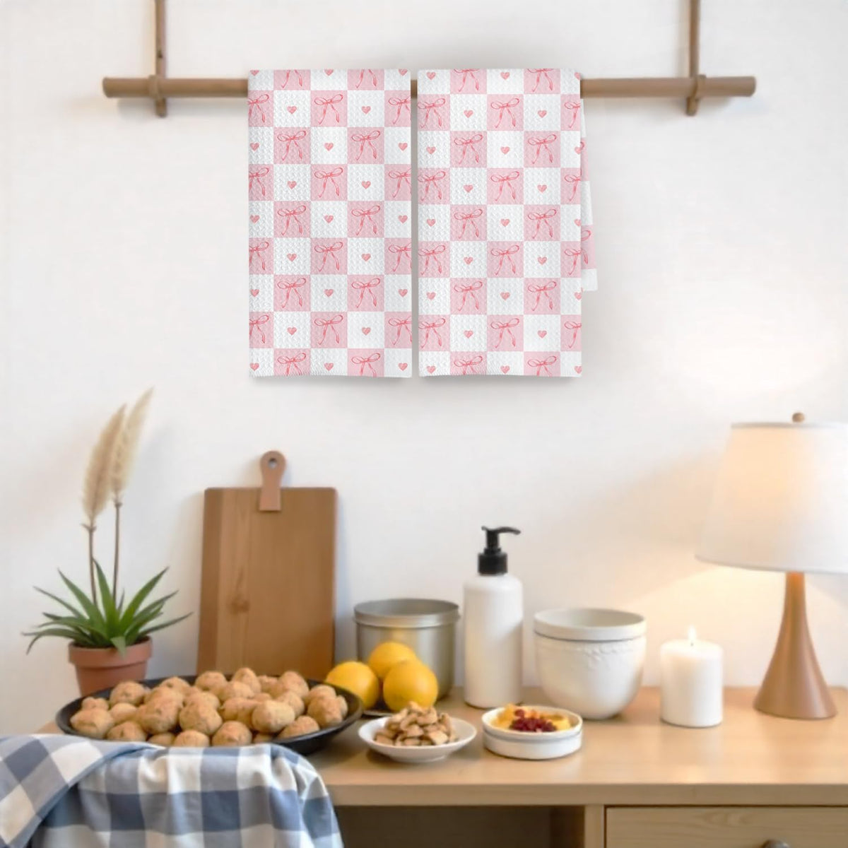 Coquette Pink Bow Checkered Kitchen Towels Decorative, Preppy Girly Ribbon Bow Dish Hand Tea Towels, Aesthetic Pink Kitchen Bathroom Decor, 16x24 Inch