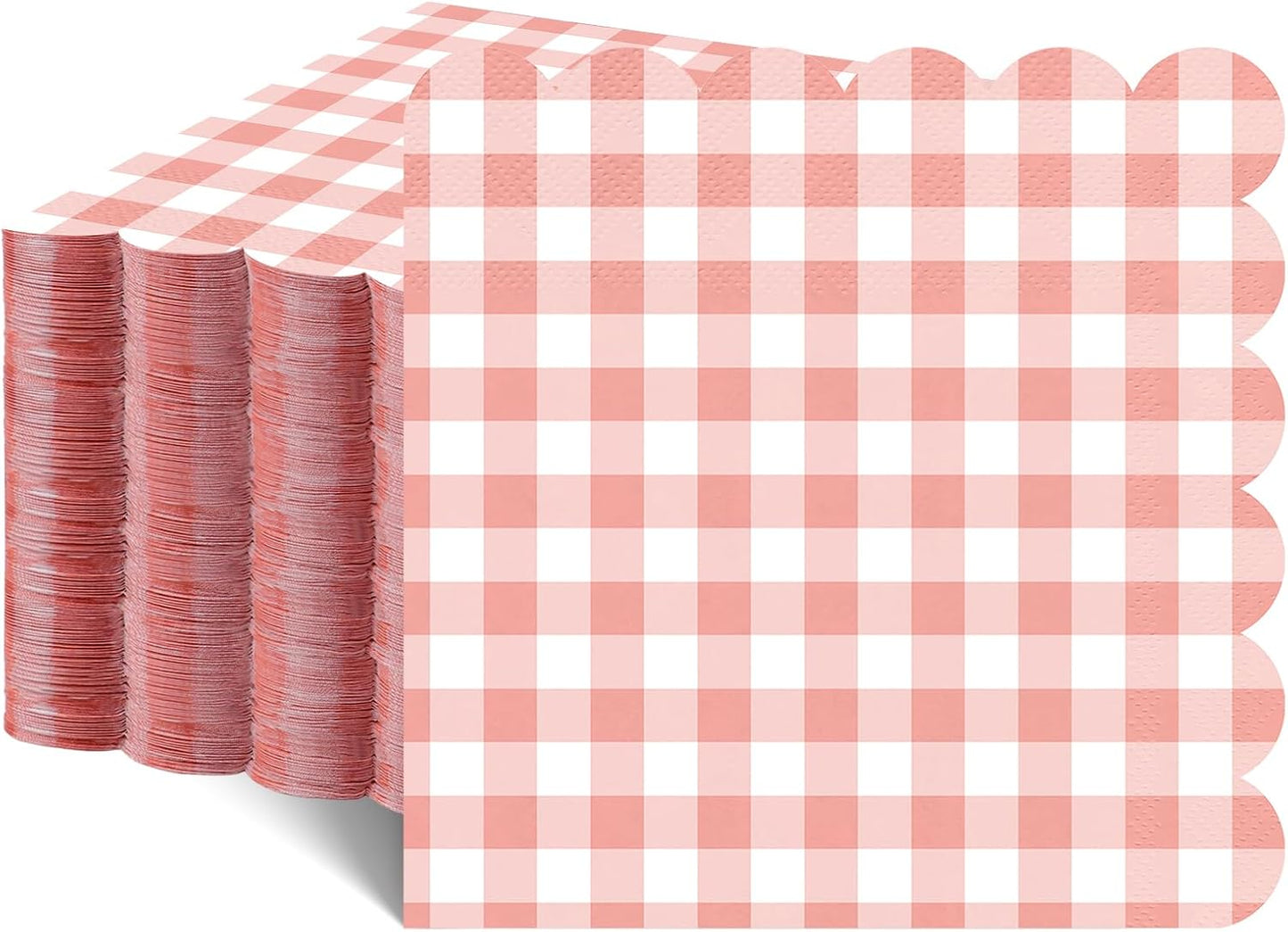 80 Pcs Coral Gingham Paper Napkins 6.5 In Light Pink and White Paper Napkins Disposable Peach Napkin Scalloped Napkin for Baby & Bridal Shower, Wedding, Birthday, Picnic
