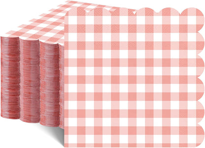 80 Pcs Coral Gingham Paper Napkins 6.5 In Light Pink and White Paper Napkins Disposable Peach Napkin Scalloped Napkin for Baby & Bridal Shower, Wedding, Birthday, Picnic