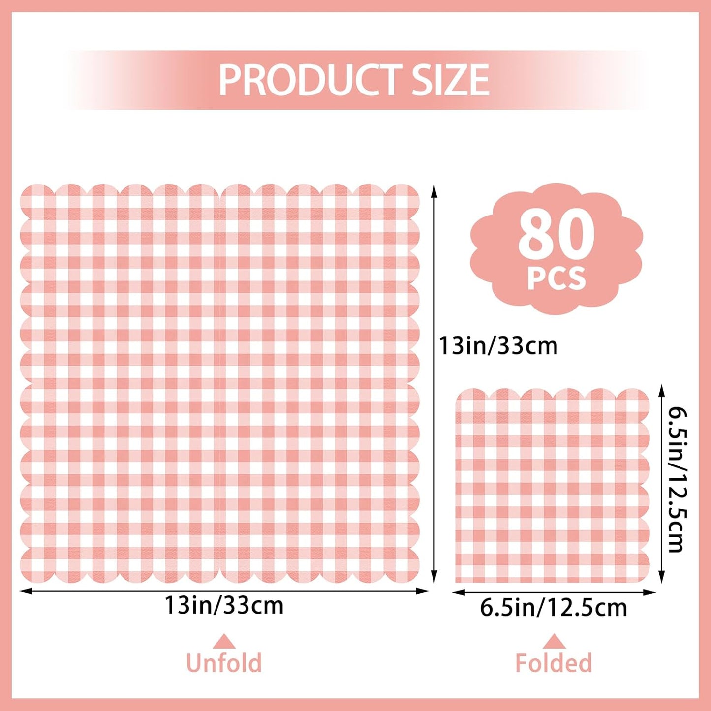 80 Pcs Coral Gingham Paper Napkins 6.5 In Light Pink and White Paper Napkins Disposable Peach Napkin Scalloped Napkin for Baby & Bridal Shower, Wedding, Birthday, Picnic