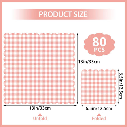 80 Pcs Coral Gingham Paper Napkins 6.5 In Light Pink and White Paper Napkins Disposable Peach Napkin Scalloped Napkin for Baby & Bridal Shower, Wedding, Birthday, Picnic