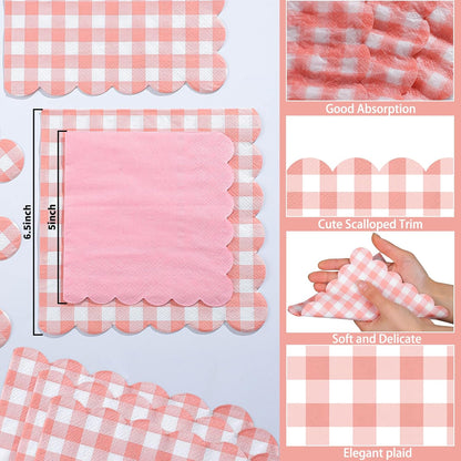 80 Pcs Coral Gingham Paper Napkins 6.5 In Light Pink and White Paper Napkins Disposable Peach Napkin Scalloped Napkin for Baby & Bridal Shower, Wedding, Birthday, Picnic