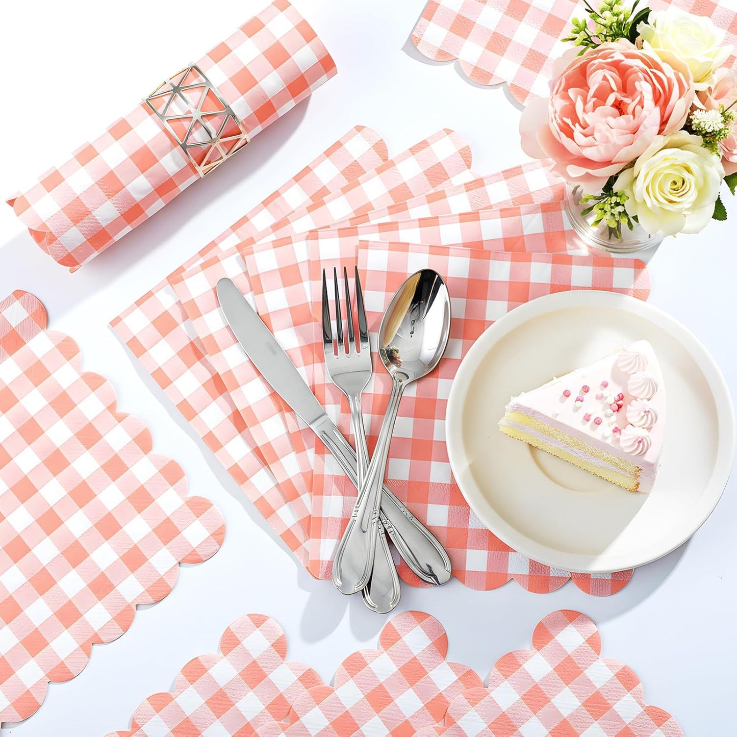 80 Pcs Coral Gingham Paper Napkins 6.5 In Light Pink and White Paper Napkins Disposable Peach Napkin Scalloped Napkin for Baby & Bridal Shower, Wedding, Birthday, Picnic