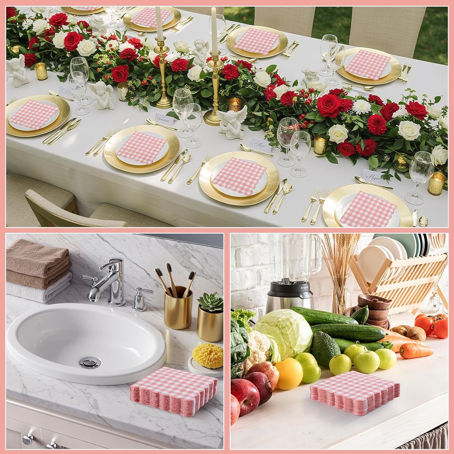 80 Pcs Coral Gingham Paper Napkins 6.5 In Light Pink and White Paper Napkins Disposable Peach Napkin Scalloped Napkin for Baby & Bridal Shower, Wedding, Birthday, Picnic