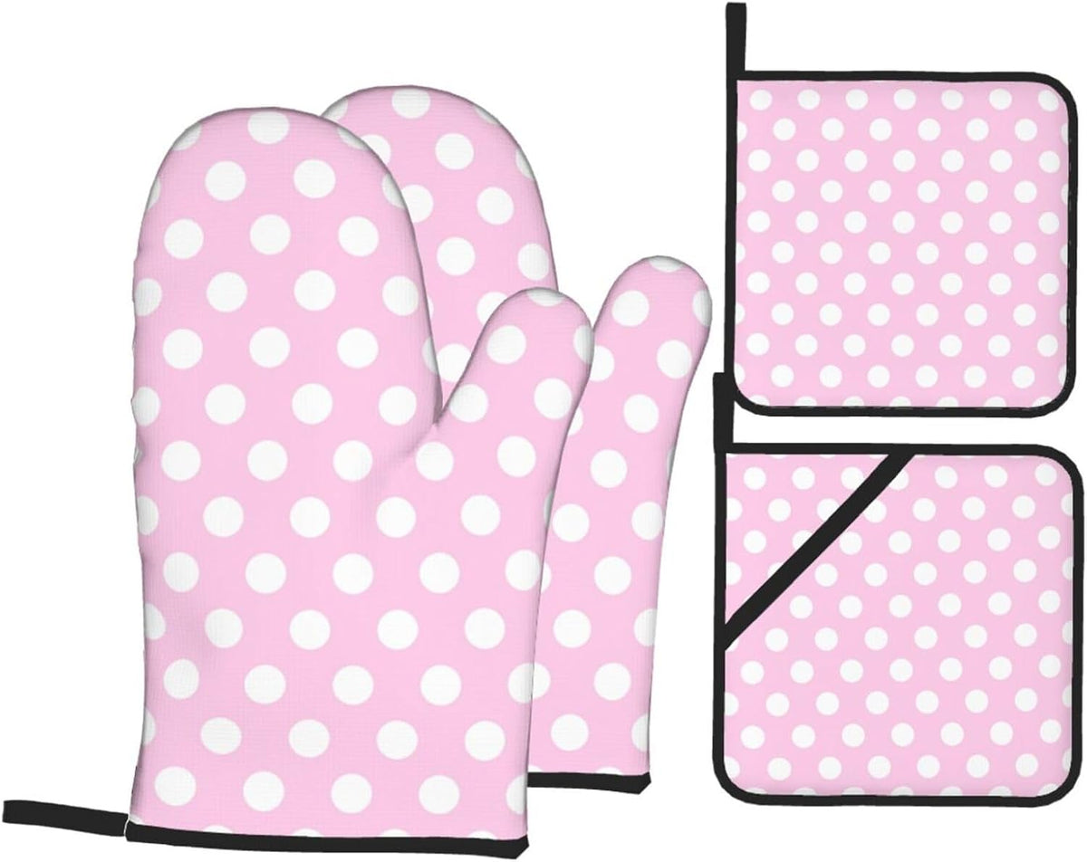Light Pink Polka Dot Print B Oven Mitts and Pot Holders 4 pcs Set, Heat Resistant Silicone Oven Mitts Pot Holders for Kitchen Baking Cooking, Non-Slip Hot Pads Potholders Gloves