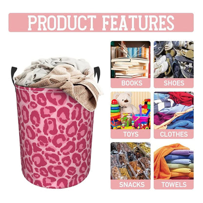 Pink Leopard Texture Round Laundry Hamper Storage Basket Toys Clothes Organizer Bin For Home Bathroom Bedroom Dorm Nursery, 62l