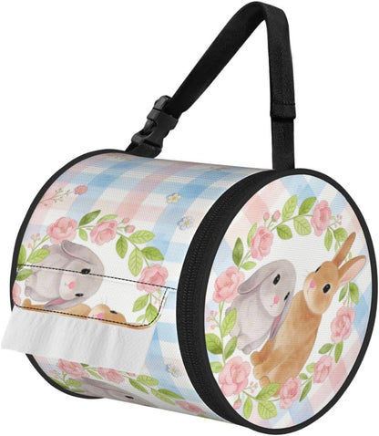 Round Tissue Holder Bag Car Hanging Tissue Boxes Cover with Adjustable Strap Foldable Roll Storage Bags with Zipper Tissues Case Organizer for Home Decor Toilet Office(Blue Pink Plaid Bunny Wreath)