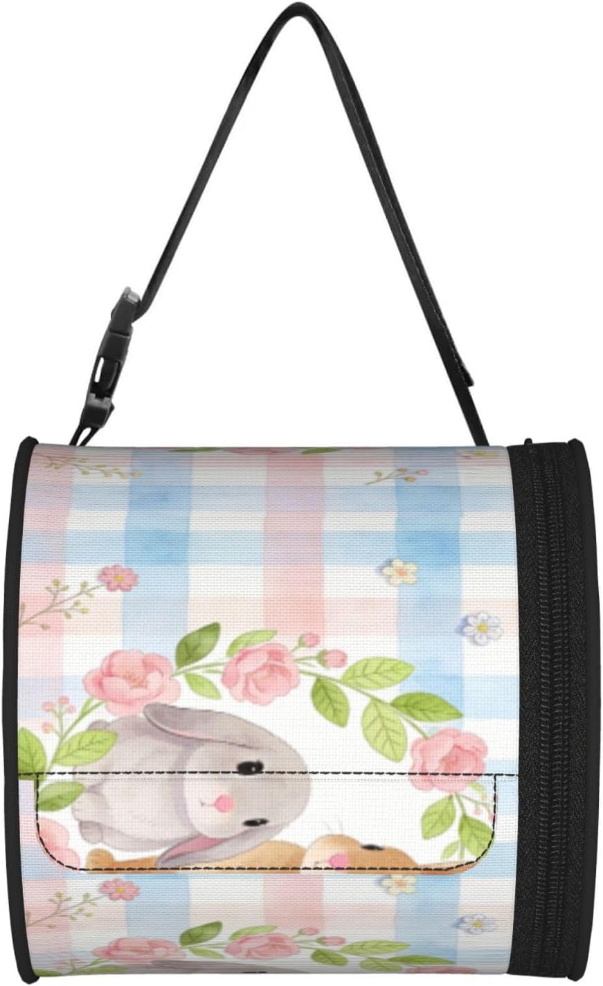 Round Tissue Holder Bag Car Hanging Tissue Boxes Cover with Adjustable Strap Foldable Roll Storage Bags with Zipper Tissues Case Organizer for Home Decor Toilet Office(Blue Pink Plaid Bunny Wreath)