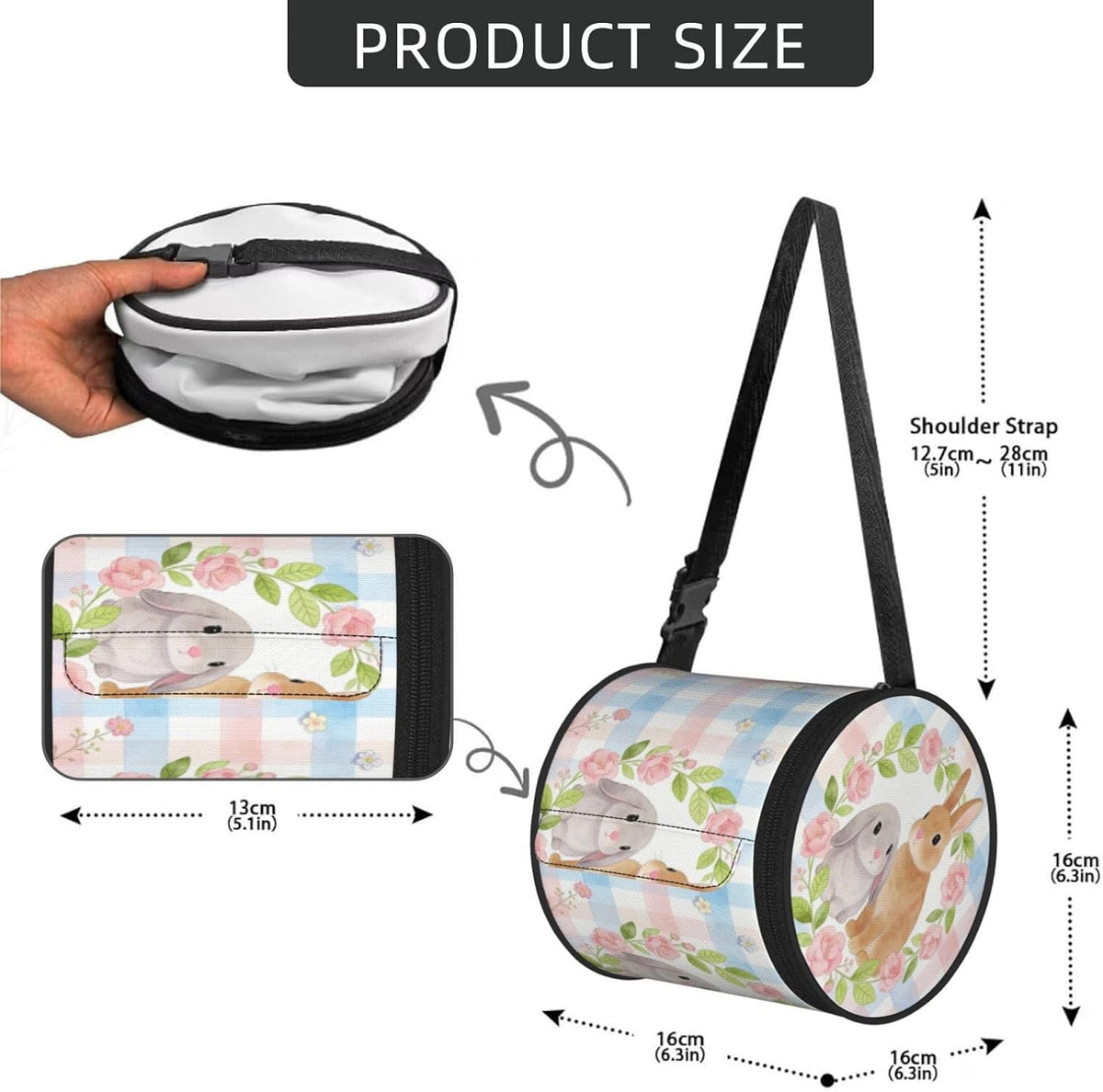 Round Tissue Holder Bag Car Hanging Tissue Boxes Cover with Adjustable Strap Foldable Roll Storage Bags with Zipper Tissues Case Organizer for Home Decor Toilet Office(Blue Pink Plaid Bunny Wreath)