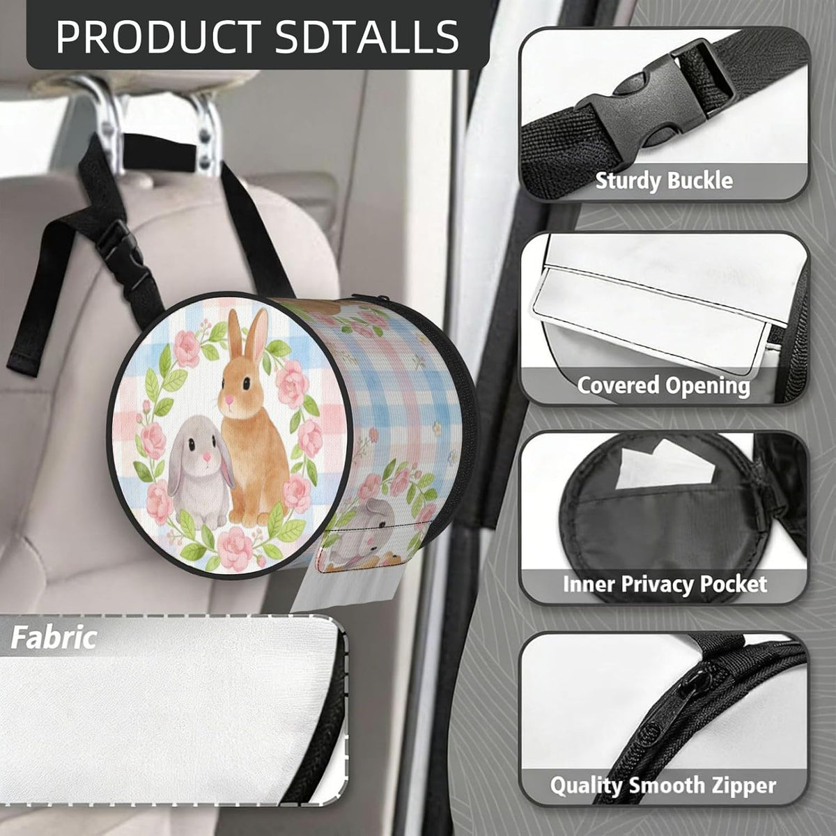 Round Tissue Holder Bag Car Hanging Tissue Boxes Cover with Adjustable Strap Foldable Roll Storage Bags with Zipper Tissues Case Organizer for Home Decor Toilet Office(Blue Pink Plaid Bunny Wreath)