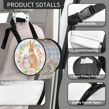 Round Tissue Holder Bag Car Hanging Tissue Boxes Cover with Adjustable Strap Foldable Roll Storage Bags with Zipper Tissues Case Organizer for Home Decor Toilet Office(Blue Pink Plaid Bunny Wreath)