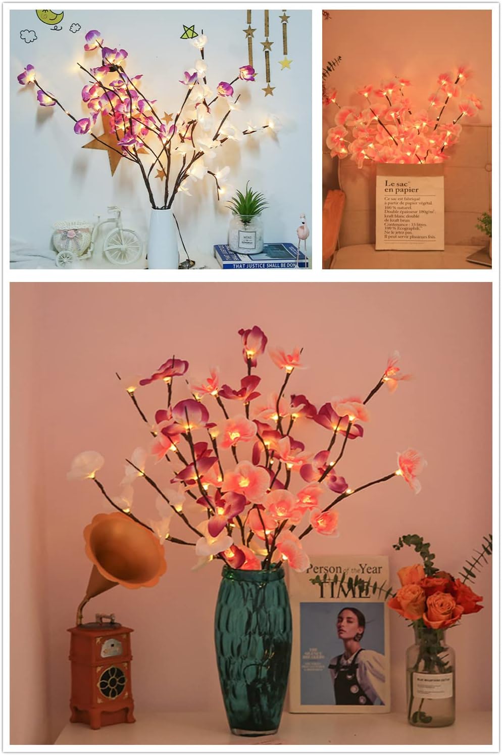 Pink Orchid Twig Lights, 30 Inch 20 LED Artificial Phalaenopsis Branch Lights Battery Powered Decor Lights for Home Shop Vase Room Wedding Christmas Party (2 Packs, Pink