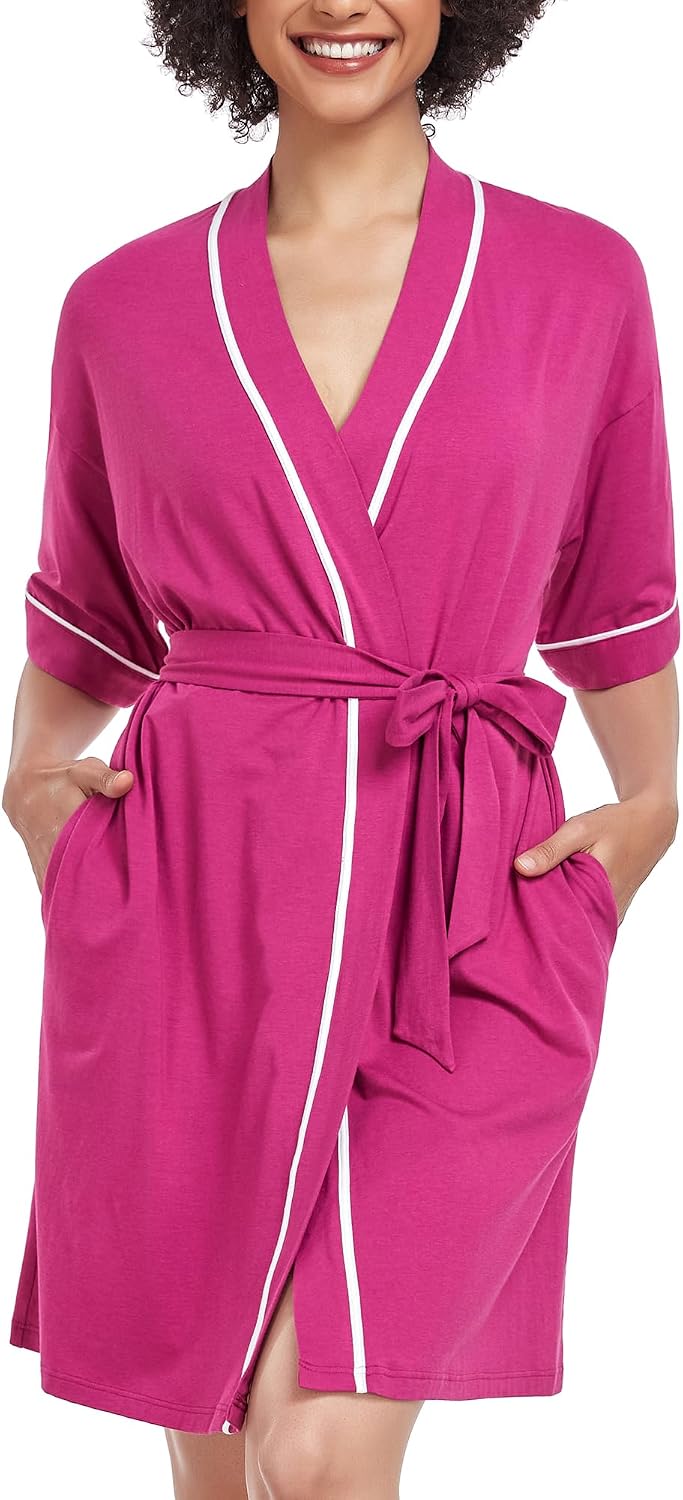 Womens Bamboo Short Robes Lightweight Kimono Cotton Robe Soft Knit Bathrobe Ladies Loungewear with Pockets