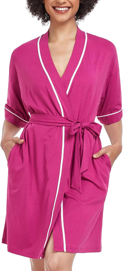 Womens Bamboo Short Robes Lightweight Kimono Cotton Robe Soft Knit Bathrobe Ladies Loungewear with Pockets