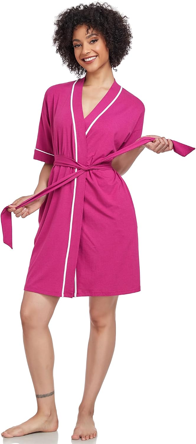 Womens Bamboo Short Robes Lightweight Kimono Cotton Robe Soft Knit Bathrobe Ladies Loungewear with Pockets