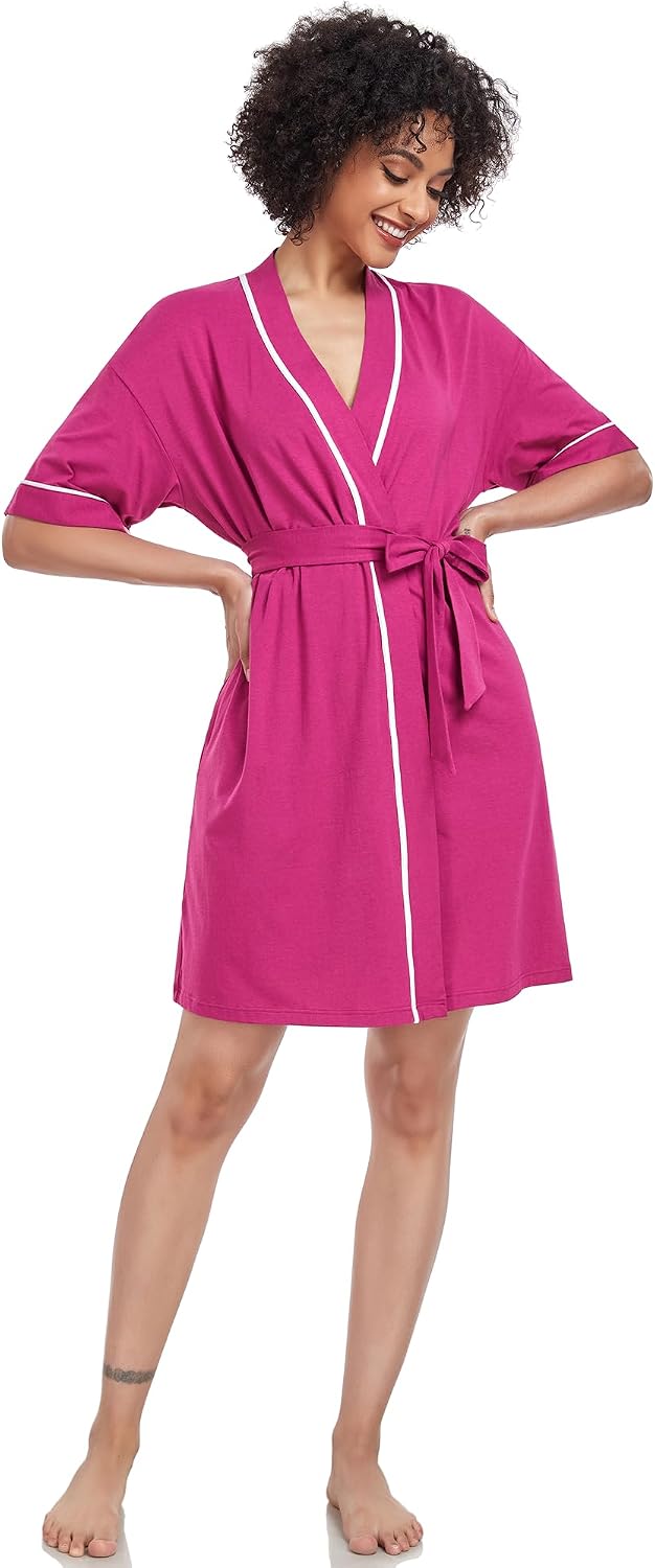 Womens Bamboo Short Robes Lightweight Kimono Cotton Robe Soft Knit Bathrobe Ladies Loungewear with Pockets