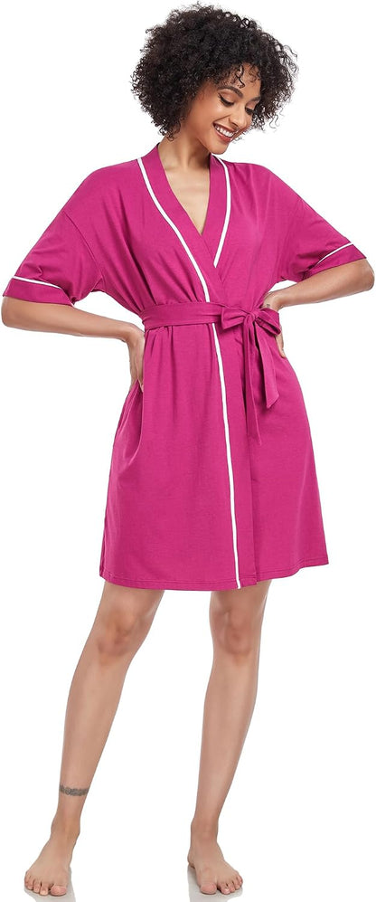 Womens Bamboo Short Robes Lightweight Kimono Cotton Robe Soft Knit Bathrobe Ladies Loungewear with Pockets