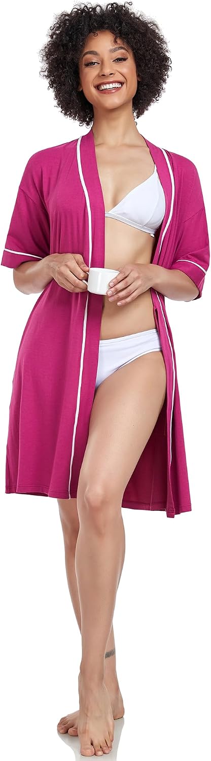 Womens Bamboo Short Robes Lightweight Kimono Cotton Robe Soft Knit Bathrobe Ladies Loungewear with Pockets