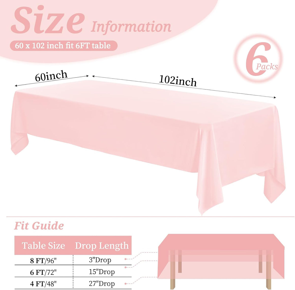 6 Pack Pink Polyester Tablecloths, 60 x 102 inch, Rectangular, Wrinkle Resistant, for 6FT Tables, Parties, Weddings, Banquets, Indoor/Outdoor Use
