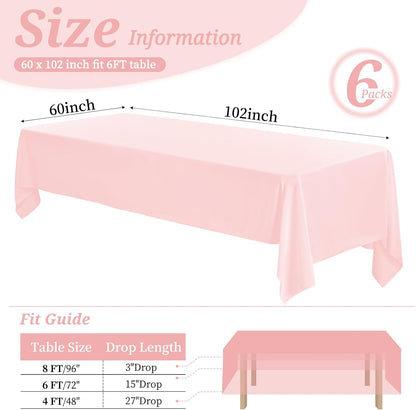 6 Pack Pink Polyester Tablecloths, 60 x 102 inch, Rectangular, Wrinkle Resistant, for 6FT Tables, Parties, Weddings, Banquets, Indoor/Outdoor Use