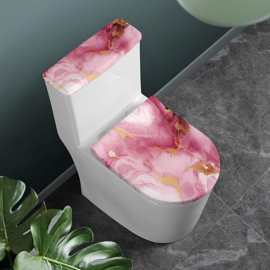 Pink Marble Print Toilet Lid Cover and Toilet Tank Cover 2Pcs Toilet Seat Cover and Tank Lid Covers Stretch Toilet Covers Set for Bathroom Fits Most Toilet Tanks & Lids