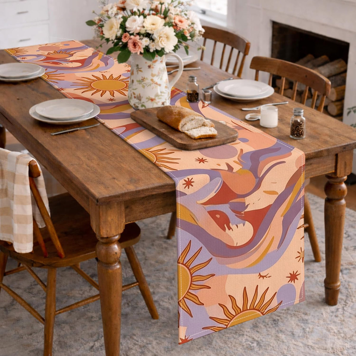 Bohemian Abstract Table Runner, Peach Sun Waves Pattern for Seasonal Dining Decor and Holiday Gatherings 13x72 Inch