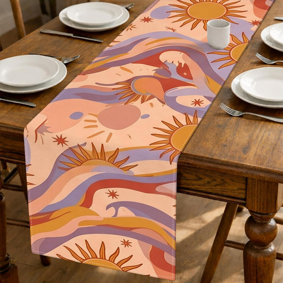 Bohemian Abstract Table Runner, Peach Sun Waves Pattern for Seasonal Dining Decor and Holiday Gatherings 13x72 Inch