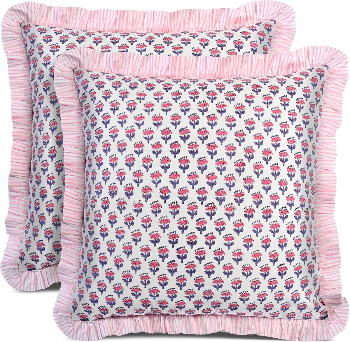 CPC Pink Sapphire Ruffle Throw Pillow Covers for Couch, 18x18 Inch Cotton Stripe Ruffle Couch Pillows for Living Room, Hidden 14 Inch Zipper Boho Pillow Case or Cute Outdoor Pillows