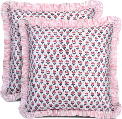CPC Pink Sapphire Ruffle Throw Pillow Covers for Couch, 18x18 Inch Cotton Stripe Ruffle Couch Pillows for Living Room, Hidden 14 Inch Zipper Boho Pillow Case or Cute Outdoor Pillows