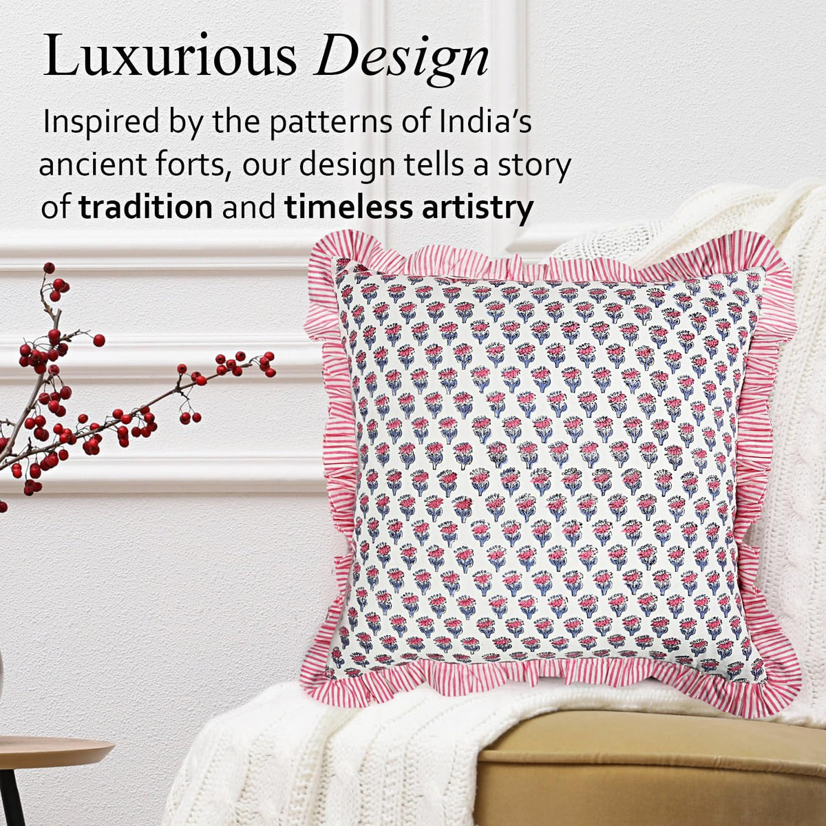 CPC Pink Sapphire Ruffle Throw Pillow Covers for Couch, 18x18 Inch Cotton Stripe Ruffle Couch Pillows for Living Room, Hidden 14 Inch Zipper Boho Pillow Case or Cute Outdoor Pillows