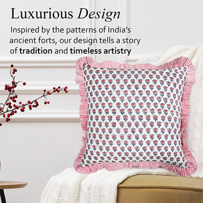 CPC Pink Sapphire Ruffle Throw Pillow Covers for Couch, 18x18 Inch Cotton Stripe Ruffle Couch Pillows for Living Room, Hidden 14 Inch Zipper Boho Pillow Case or Cute Outdoor Pillows