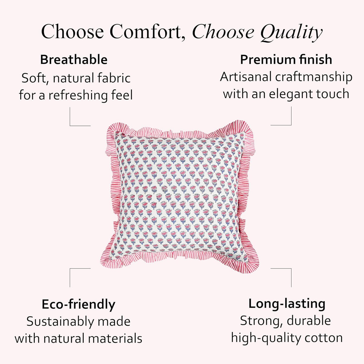 CPC Pink Sapphire Ruffle Throw Pillow Covers for Couch, 18x18 Inch Cotton Stripe Ruffle Couch Pillows for Living Room, Hidden 14 Inch Zipper Boho Pillow Case or Cute Outdoor Pillows