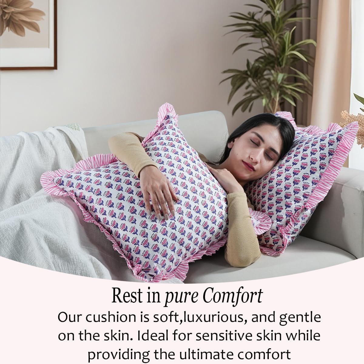 CPC Pink Sapphire Ruffle Throw Pillow Covers for Couch, 18x18 Inch Cotton Stripe Ruffle Couch Pillows for Living Room, Hidden 14 Inch Zipper Boho Pillow Case or Cute Outdoor Pillows