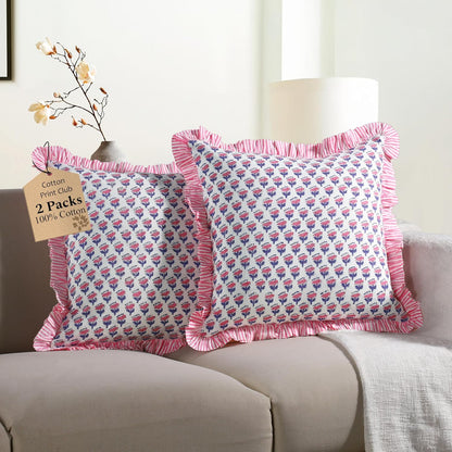 CPC Pink Sapphire Ruffle Throw Pillow Covers for Couch, 18x18 Inch Cotton Stripe Ruffle Couch Pillows for Living Room, Hidden 14 Inch Zipper Boho Pillow Case or Cute Outdoor Pillows