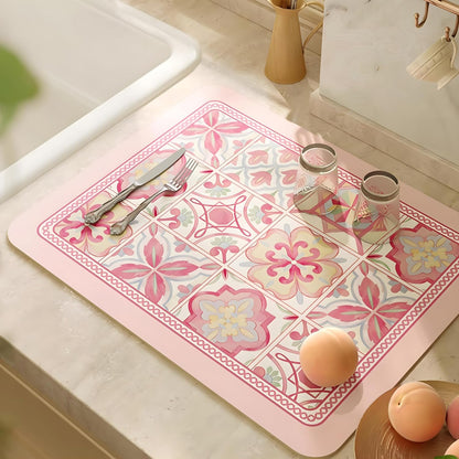 Coffee Mat, Boho Style Dish Drying Mat, Fast Water Absorption, Hide Stains, Easy to Clean, Fit Coffee Bar Accessories, Bar Mats for Countertop (16"x21", Pink Checkered)