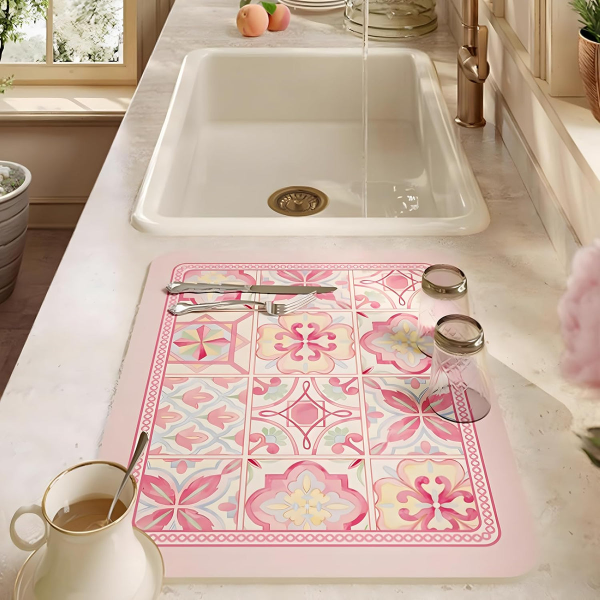 Coffee Mat, Boho Style Dish Drying Mat, Fast Water Absorption, Hide Stains, Easy to Clean, Fit Coffee Bar Accessories, Bar Mats for Countertop (16"x21", Pink Checkered)