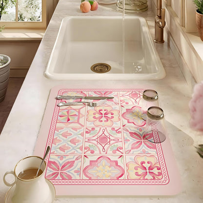 Coffee Mat, Boho Style Dish Drying Mat, Fast Water Absorption, Hide Stains, Easy to Clean, Fit Coffee Bar Accessories, Bar Mats for Countertop (16"x21", Pink Checkered)