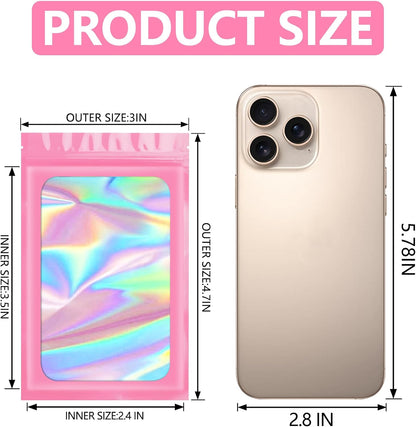 100 pcs Pink Mylar Holographic Bags Packaging Bags,Clear Seal Resealable Smell Proof Bag Foil Pouch Bag for Food Storage and Lipgloss,Jewelry,Eyelash Packaging for Small Business(3x4.7In)