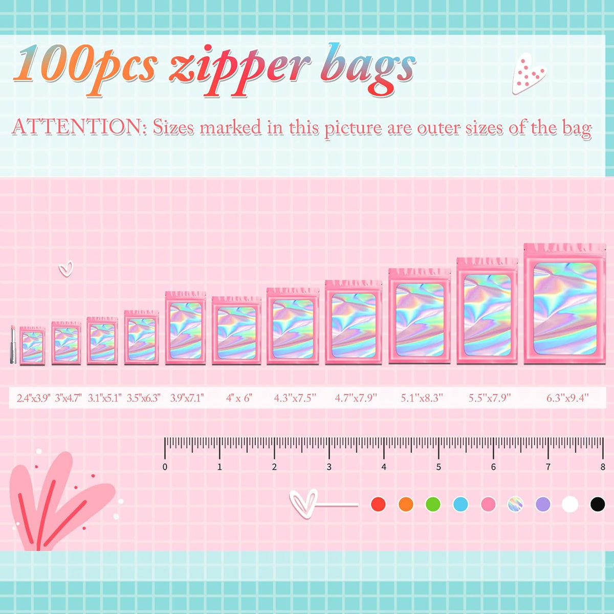 100 pcs Pink Mylar Holographic Bags Packaging Bags,Clear Seal Resealable Smell Proof Bag Foil Pouch Bag for Food Storage and Lipgloss,Jewelry,Eyelash Packaging for Small Business(3x4.7In)