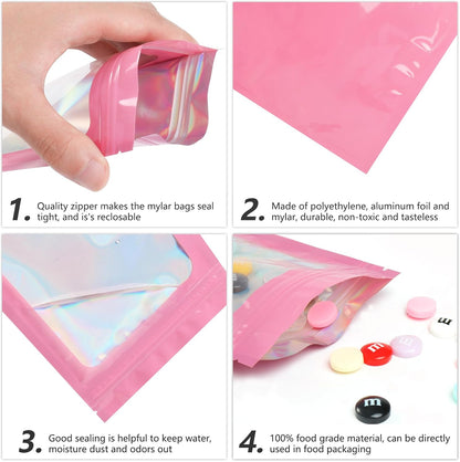 100 pcs Pink Mylar Holographic Bags Packaging Bags,Clear Seal Resealable Smell Proof Bag Foil Pouch Bag for Food Storage and Lipgloss,Jewelry,Eyelash Packaging for Small Business(3x4.7In)