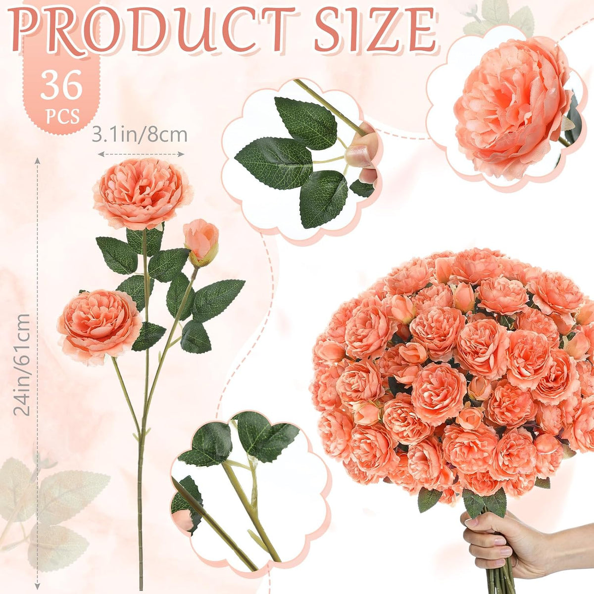Thiccywoov 36 Bundles 36 Bundles Artificial Flowers Peonies Roses 108 Heads Fake Silk Peony Bouquet Floral Arrangements for Wedding Bridal Shower Table Centerpieces Vase Decoration (Peach)