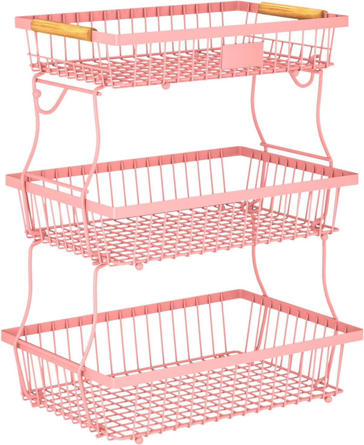 3 Tier Fruit Basket for Kitchen Counter with 2 Banana Hangers, Countertop Metal Fruit Bowl with Wooden Handle, Large Storage Stand for Vegetables, Snacks, Breads, Produce Storage – Pink