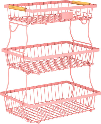 3 Tier Fruit Basket for Kitchen Counter with 2 Banana Hangers, Countertop Metal Fruit Bowl with Wooden Handle, Large Storage Stand for Vegetables, Snacks, Breads, Produce Storage – Pink