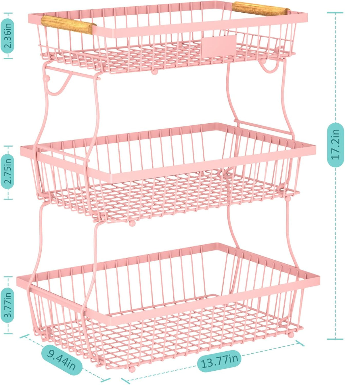 3 Tier Fruit Basket for Kitchen Counter with 2 Banana Hangers, Countertop Metal Fruit Bowl with Wooden Handle, Large Storage Stand for Vegetables, Snacks, Breads, Produce Storage – Pink