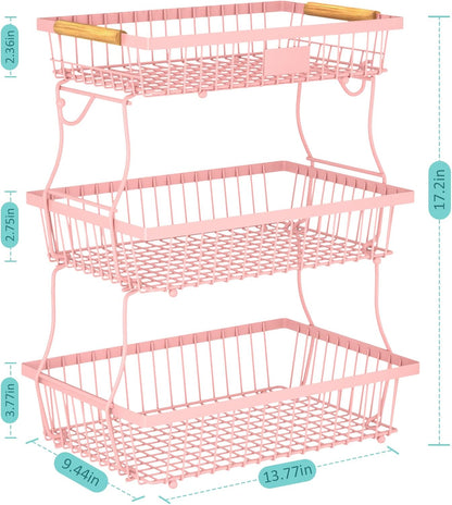 3 Tier Fruit Basket for Kitchen Counter with 2 Banana Hangers, Countertop Metal Fruit Bowl with Wooden Handle, Large Storage Stand for Vegetables, Snacks, Breads, Produce Storage – Pink