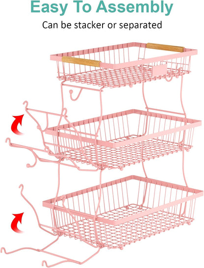3 Tier Fruit Basket for Kitchen Counter with 2 Banana Hangers, Countertop Metal Fruit Bowl with Wooden Handle, Large Storage Stand for Vegetables, Snacks, Breads, Produce Storage – Pink